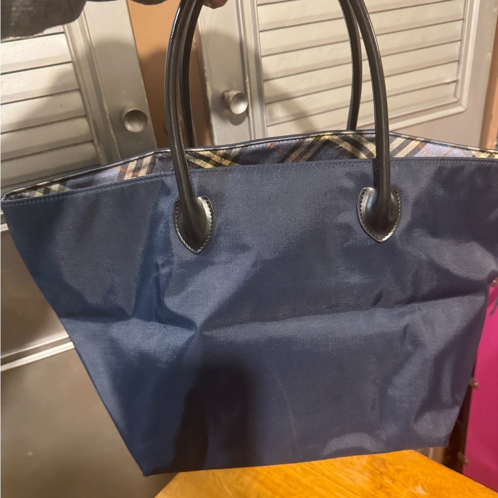 Burberry Navy Tote with Plaid Trim and Black Handles
